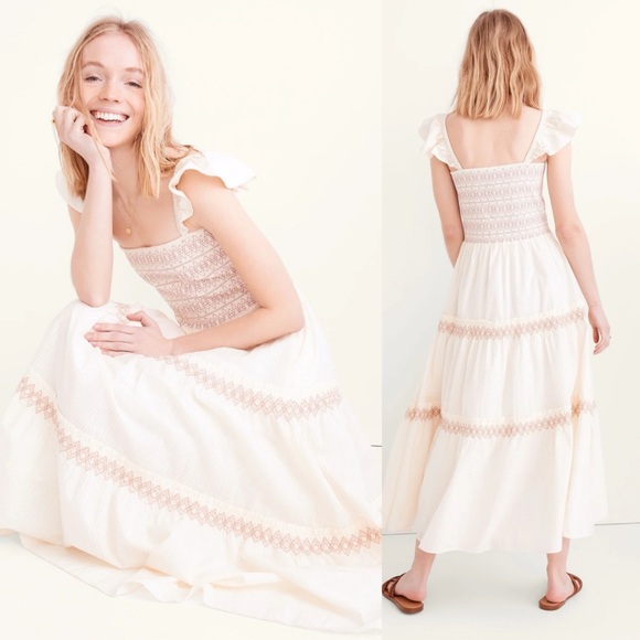Madewell Dresses & Skirts - Madewell Lucie Smocked Tiered Midi Dress Small Ivory Cream Pink